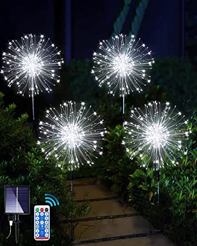 yowin 4 Stück Solarstecker Gartenleuchten 120 LED Solarleuchten Feuerwerk, 8 Beleuchtungsmodi Gartenstecker Pusteblume Solarlampen mit Fernbedienung für Außen Garten Balkon Wege Deko (Weiß)