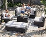 RADIATA 7 Piece Wicker Patio Furniture Set with Fire Pit, All-Weather Outdoor Sectional Couch High Back Large Size, Modular Backyard Seating Sofa Set with Propane/Natural Gas Firepit Table, Light Grey