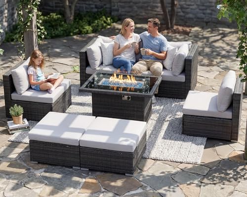 RADIATA 7 Piece Wicker Patio Furniture Set with Fire Pit, All-Weather Outdoor Sectional Couch High Back Large Size, Modular Backyard Seating Sofa Set with Propane/Natural Gas Firepit Table, Light Grey
