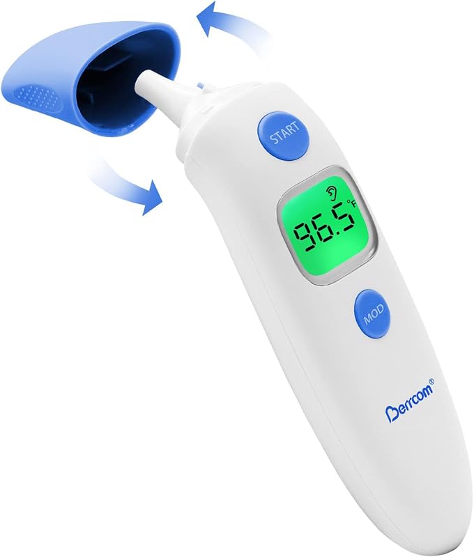 Berrcom Termómetro de frente y oído 3 en 1 para adultos y niños | Digital sin contacto con alerta de fiebre, pantalla LCD retroiluminada, uso en interiores sin contacto, precisión rápida para bebés y niños