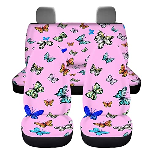 Image of Muti-Color Butterfly Print Pink Seat Covers for Cars Full Set Elastic Durable Non Slip Two Front Seat Cover Rear Bench Universal Car Seat Protector Fit Trucks SUV Comfort Soft Automotive Seat Cover