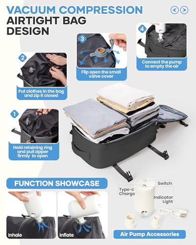 Image of Vacuum Backpack Travel, Vacpack Backpack with Vacuum 18x14x8 Personal Item Travel Bag, Mochila Compression al vacio, Carry on Flight Approved Laptop Bag Black(With Air Pump)