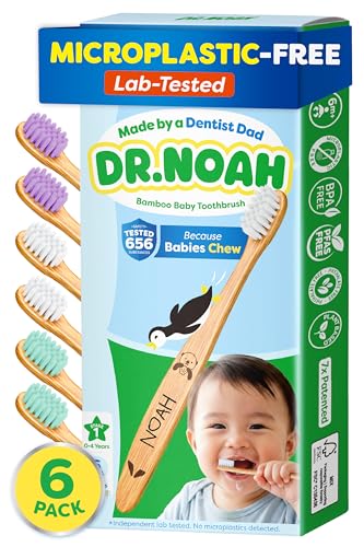 Dr. Noah Microplastic-Free Bamboo Baby Toothbrush | Dentist Designed | 656 Substances Safety Tested | BPA PFAS & Phthalate Free | 6-Pack | Soft Bristles | Infant to Toddler 6-12 Months Age 2-4 Kids