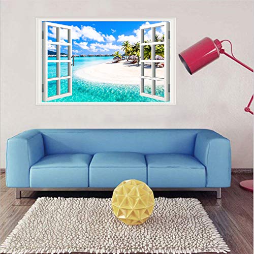 Fake Windows Wall Sticker Removable 3D Beach Seascape Faux Windows Wall Sticker Vinyl Self-Adhesive Beach Landscape Palm Tree Wall Mural Stickers For Bedroom Living Room Decoration #TOP4