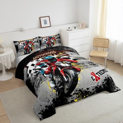 Image of Feelyou Kids Dirt Bike Comforter Set King Size, Extreme Sports Duvet Insert Motocross Bedding Set Boys Girls Teens Bedroom Decor Microfiber Bed Set