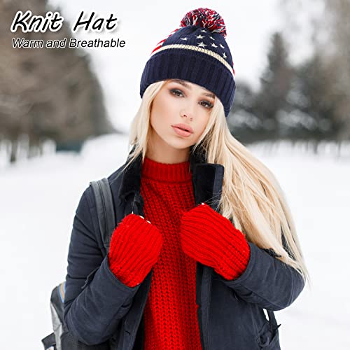 Jeyiour 4 Pieces American Flag Beanie With Pom Pom Usa Flag Knit Cuffed Skull Beanie Cap Winter Usa Hat For Women Men #TOP4