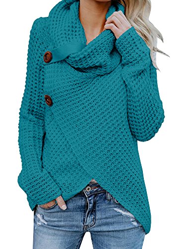 Preisvergleich Produktbild Pxmoda Damen Rollkragenpullover Warmes Kabel Gestrickte Lose Knopf Wrap Asymmetrische Pullover Tops (X-Large, Blau)