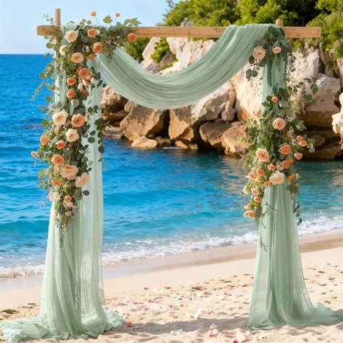 Image of Sage Green Wedding Glitter Arch Draping Fabric 1 Panel 29 inch x 6.5 Yards Sheer Backdrop Curtain Drapery for Summer Wedding Ceremony Birthday Party Indoor Ceiling Decor