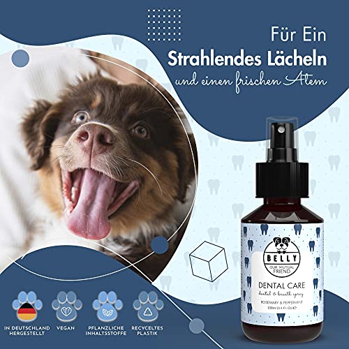 Belly® Dentalspray für Hunde -100ml- Frische Minze - Kein Spülen oder Bürsten - Beseitigt Mundgeruch - Zahnpflege Hund - Anti Zahnstein und Mundgeruch Hund, Dentalspray für Katzen