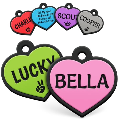 GoTags Silicone Dog Tags, Soundless Pet Tag, Personalized Silent Tag Engraved for Pets with Cute Custom Designs, for Dogs and Cats, (Heart, Pink)