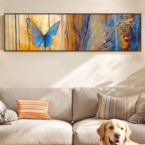Image of Large Canvas Painting Panel Framed Wall Painting Abstract Blue Butterfly Framed Luxury Paintings for Home Decoration, Living room, Bedroom and Office Decoration - Blue, 13x47 Inch