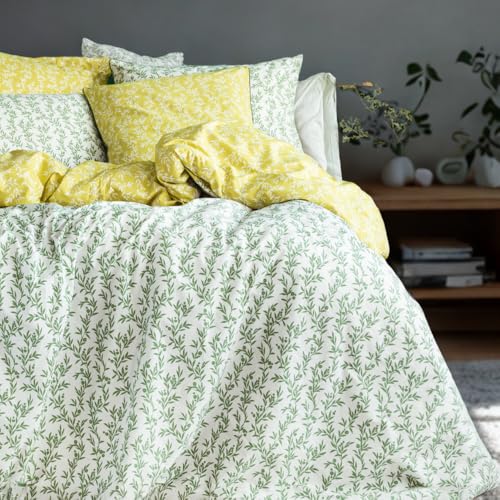 LERUUM Set copripiumino matrimoniale per ragazze, in cotone, reversibile, motivo a foglie, fiori, verde salvia, giallo limone (letto matrimoniale coquette)