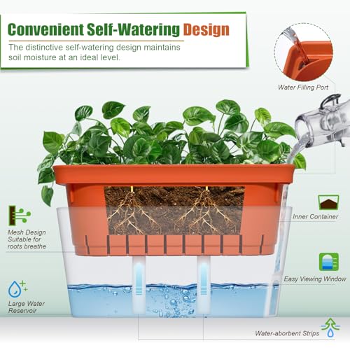 Image of OurWarm 3 Pack Self Watering Herb Planter Set for Windowsill, 10.5In Indoor Herb Garden Planters with Water Level Indicator, Dual Layer Easy Care Pot for Basil, Flowers, Vegetables & Succulent