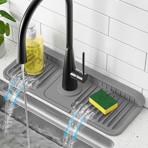 Image of PoYang 14.6 inch Faucet Mat for Kitchen Sink Splash Guard, 7 Slope Silicone Sink Water Splash Guard for Kitchen Sink Area with Snap Button, Small Sink Protectors for kitchen Sink Sponge Holder, Grey
