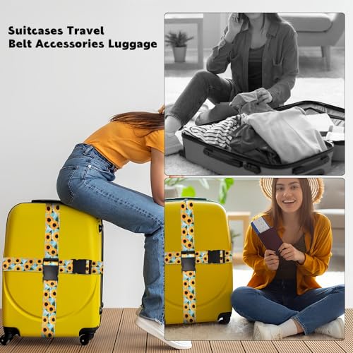 Image of Luggage Straps for Suitcases 2 Pack, Adjustable Suitcase Strap Travel Belt Accessories Luggage Connector Identifiers Over Handle with Buckle(Green Sunflower)