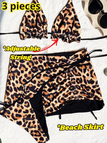 Image of ShawGobow Womens 3 Piece Leopard Bikini Set,Triangle String High Cut Thong Sexy Swimsuit & Coverup Skirt,Pool Party Outfit