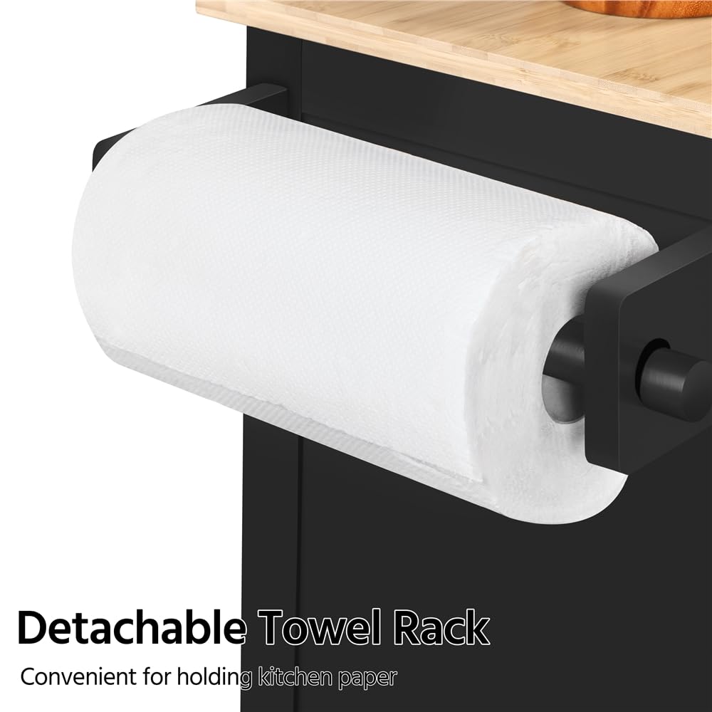 Yaheetech Carrello da Cucina con Ruote Cassetto a 2 Ante Piano di Lavoro Carrellino Salvaspazio con Portasciugamani e Portaspezie Moderno Porta Microonde 91,5 x 66 x 45,5 cm Nero