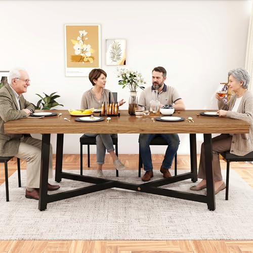 Image of 71 inch Farmhouse Dining Table for 4,6,8 People,Wooden Rustic Kitchen Table W /Thickness Waterproof Wood Tabletop,Rectangular Long Brown Dinner Table for Home Office,Dining Room,Living Room Furniture