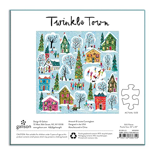 Galison Twinkle Town 500 Piece Puzzle - Colorful Snowy Town Illustrations