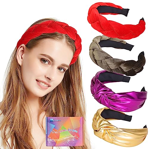 LOVNFC headbands for women, 4Pcs Woven Knot Headband Non Sliding Fashion Girl Wide Top Knot Leather Hairpin Red Army Green Gold Purple