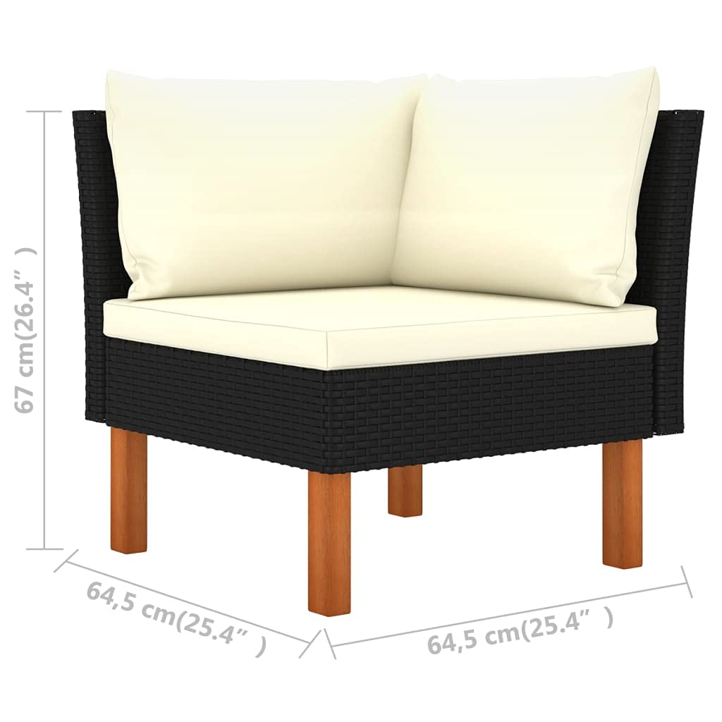Set di 6 mobili da giardino in polyrattan con cuscini neri, resistenti alle intemperie, facili da pulire, comodi per terrazze e balconi
