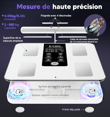 GE Körperfettwaage Smart Waage Personen: Digitale Waage mit Körperfett und Muskelmasse 8-Elektroden Körperfettwaage mit Handsensoren BMI Körpergewicht Muskelmasse Analysegerät,180 kg/400 lbs White 5