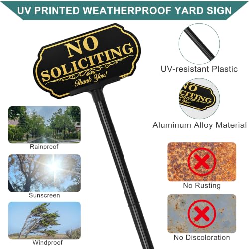 Image of No Soliciting Sign for House, 5 x 10 Inch Aluminum Yard Sign with Stake | UV Printed Aluminum No Soliciting Yard Sign with Adjustable Stake, Weatherproof Outdoor Sign for Home, Lawn and Property