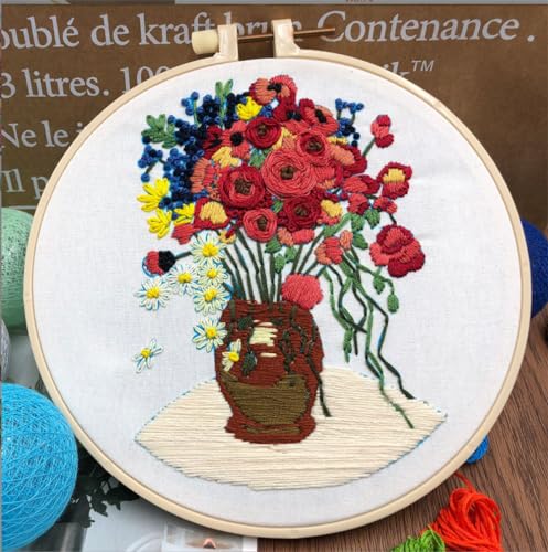 Image of Meecaa Poppy Flower Embroidery Kit Starter Set, Hand Embroidery Set,Pattern Printed Cross Stitch Set for Beginner Adults, with Embroidery Hoop and Instructions (Daisy Poppy Flower)