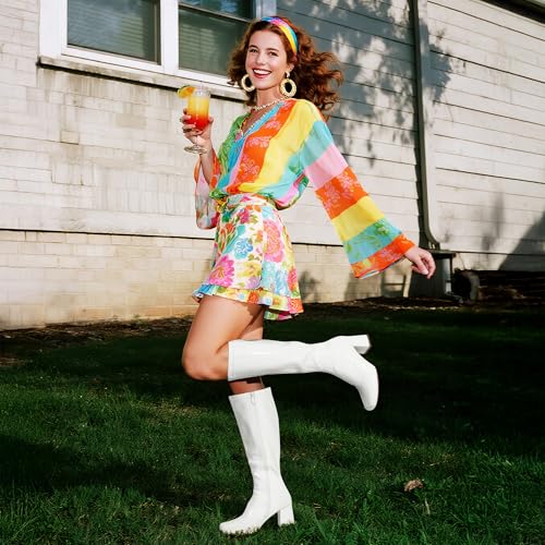 DREAM PAIRS Women's Gogo Boots Square Toe Chunky Wide Calf Knee High Boots For Women2