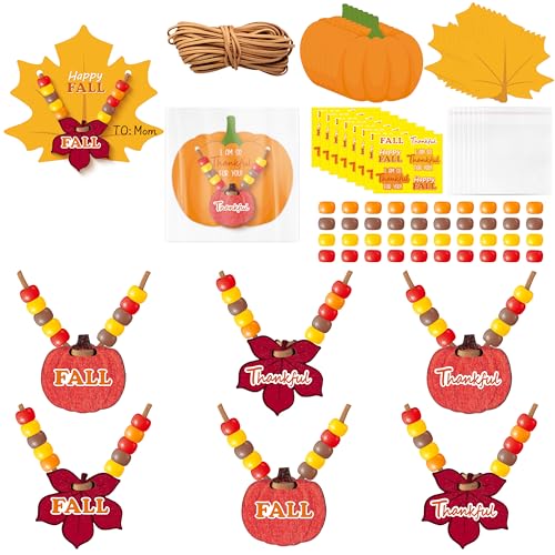 BeYumi Fall Necklace Craft Kit - 24Pcs DIY Thankful Pumpkin Maple Leaves Wooden Pendant Necklace Making with Greeting Card Thanksgiving Gratitude Beads Kit Autumn School Classroom Party Favor