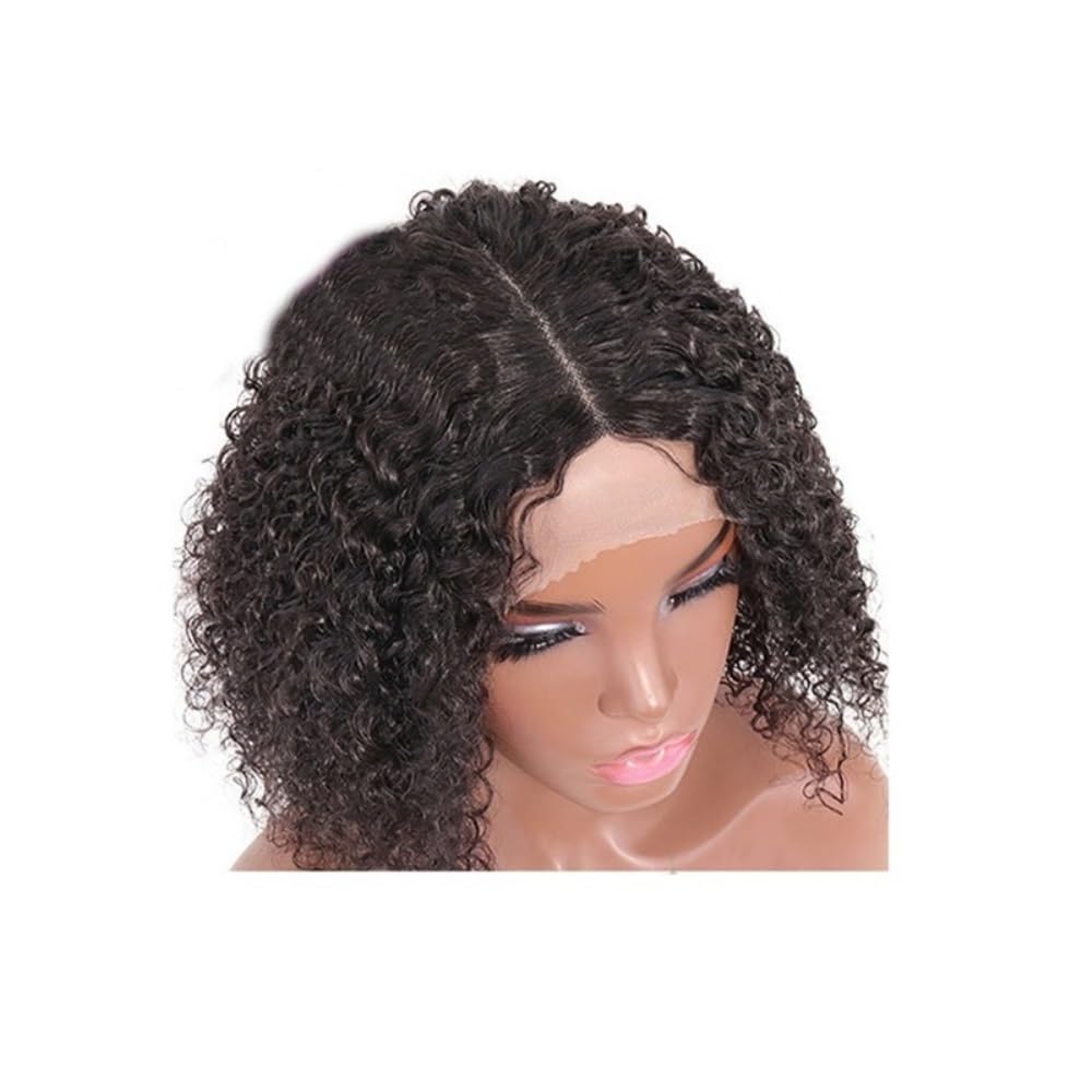 Parrucca for capelli umani ricci da 12 pollici colore naturale, parrucca senza colla anteriore in pizzo con parte a T a densità 180