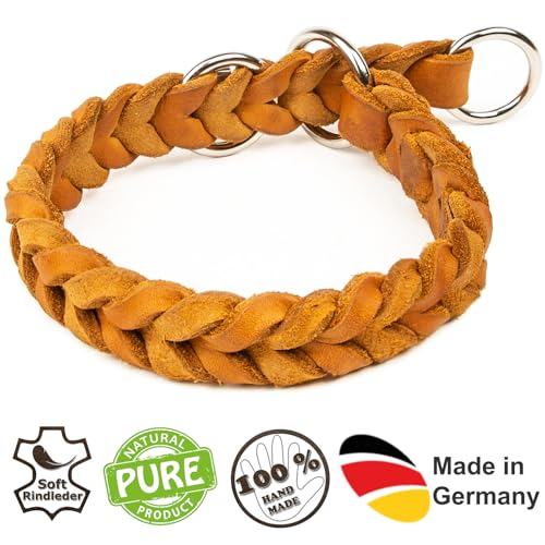 CopcoPet Hundehalsband Würger 30–35 cm x 15mm Cognac – Geflochtenes Halsband mit Zugstopp & verchromtem Ring – Aus robustem Fettleder – Für kleine Hunde – Weiches Lederhalsband fürs Training