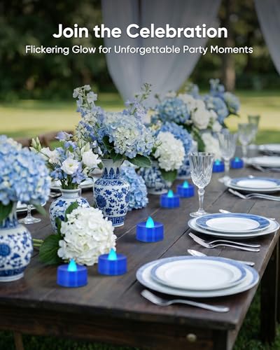 Image of Homemory Blue Tea Lights Candles Battery Operated, Flickering Flameless LED Votive Candles, Pure White Tealights for Wedding, Party, Ocean Dinner, Winter Wonderland, Hanukkah Decor, 24-Pack