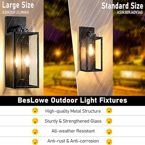 Image of BesLowe 18'' Large Outdoor Wall Lights, Modern Black Exterior Wall Lanterns | Waterproof Metal Construction, Rust-resistant, Quick & Easy Installation, Clear Glass Shades & E12 Socket