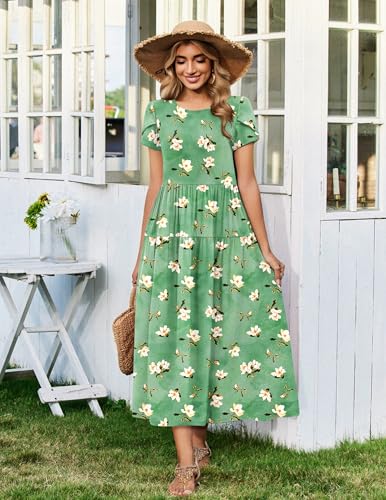 Image of Zeagoo Summer Dresses for Women 2026 Maxi Bohemian Floral Short Sleeve Long Dress Casual Flowy Tired Beach Sundress