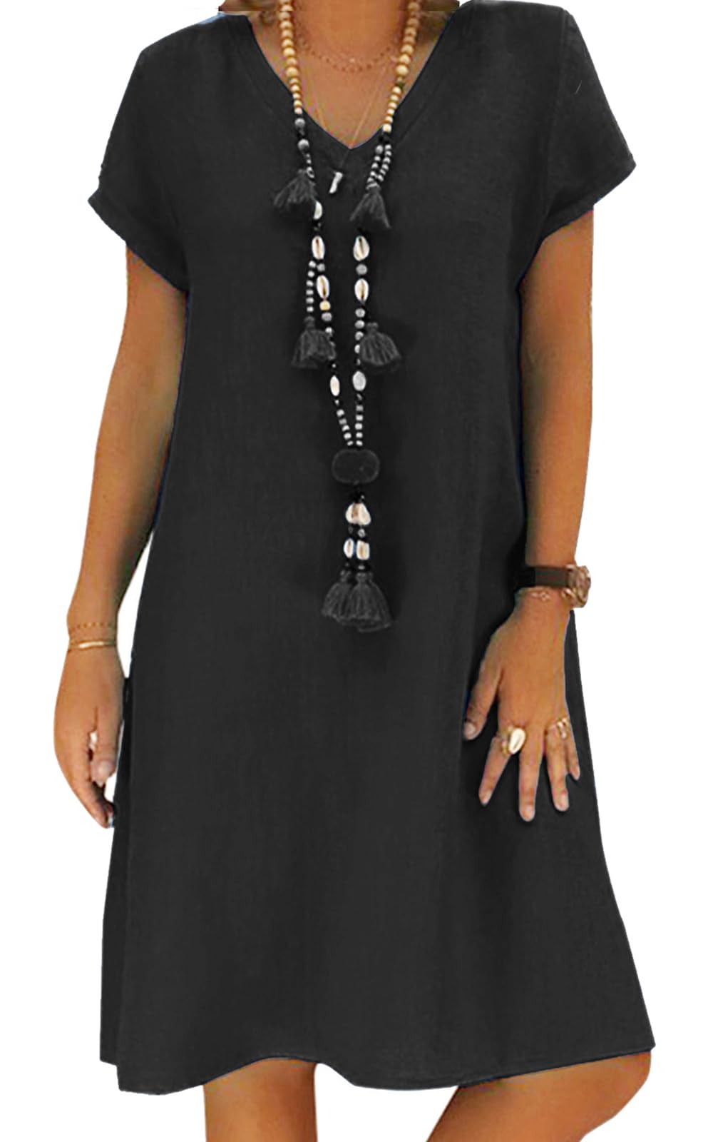 Tincini Sommerkleid Damen Leinen Kleider Casual V-Ausschnitt Midikleid Kurzarm A-Linie Kleid Strandkleid Ohne Zubehör (A Schwarz, XXL)