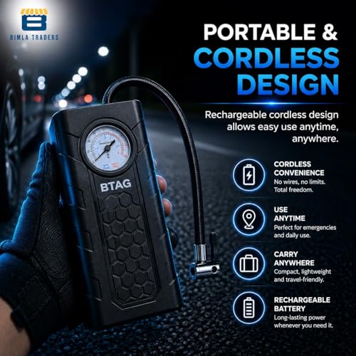 Image of Btag Portable Digital Tyre Inflator for Car & Bike - Compact Air Pump Compressor with Pressure Gauge, Fast Inflation - Ideal for Tyres, Balls & Inflatables. Pack of 1 (AU002 Black)