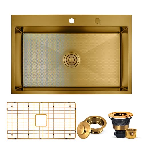 Strictly Sinks Dual Mount Kitchen Sink 33 Inch 16 Gauge Embossed Hexagon Texture Kitchen Sink with Grid 1 Strainer Drain 1 Garbage Disposal Adapter & Clips (Gold)