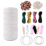Naturbaumwollseil Set - 3 mm x 100 m Baumwollseil mit 4 pcs traumfänger eisenring 2 x 8cm + 2 x 12cm, 100 Stück Holzperlen, 4 Pcs x10m Buntes Baumwollseil, farbige Federn.