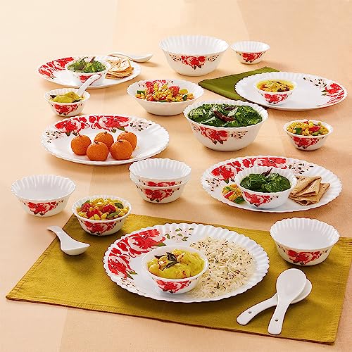 Image of Larah by Borosil 27pc Opalware Dinner Set | for Family of 6 | Microwave & Dishwasher Safe | Bone-Ash Free | Crockery Set for Dining & Gifting | Plates & Bowls (Rose RED)
