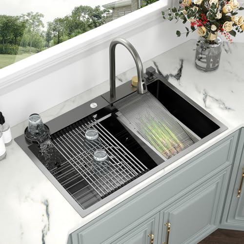 Image of Kichae 33 Black Kitchen Sink Drop In Waterfall - 33x22x10 Drop Sink Stainless Steel 16G Deep Single Bowl Waterfall Kitchen Sinks Workstation Handmade with Faucet & Glass Rinser