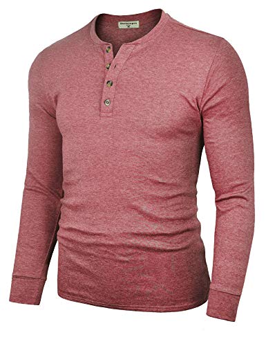 Derminpro Men's Henley Shirts Casual Slim Fit Cotton Shirts Long Sleeve Wine Red Medium