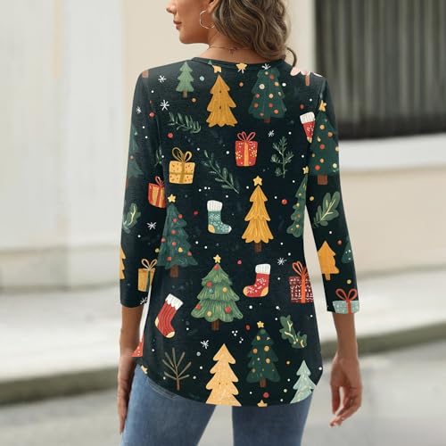 Image of Women Christmas Shirt 3 /4 Length Sleeve Henley Tops Xmas Outfits
