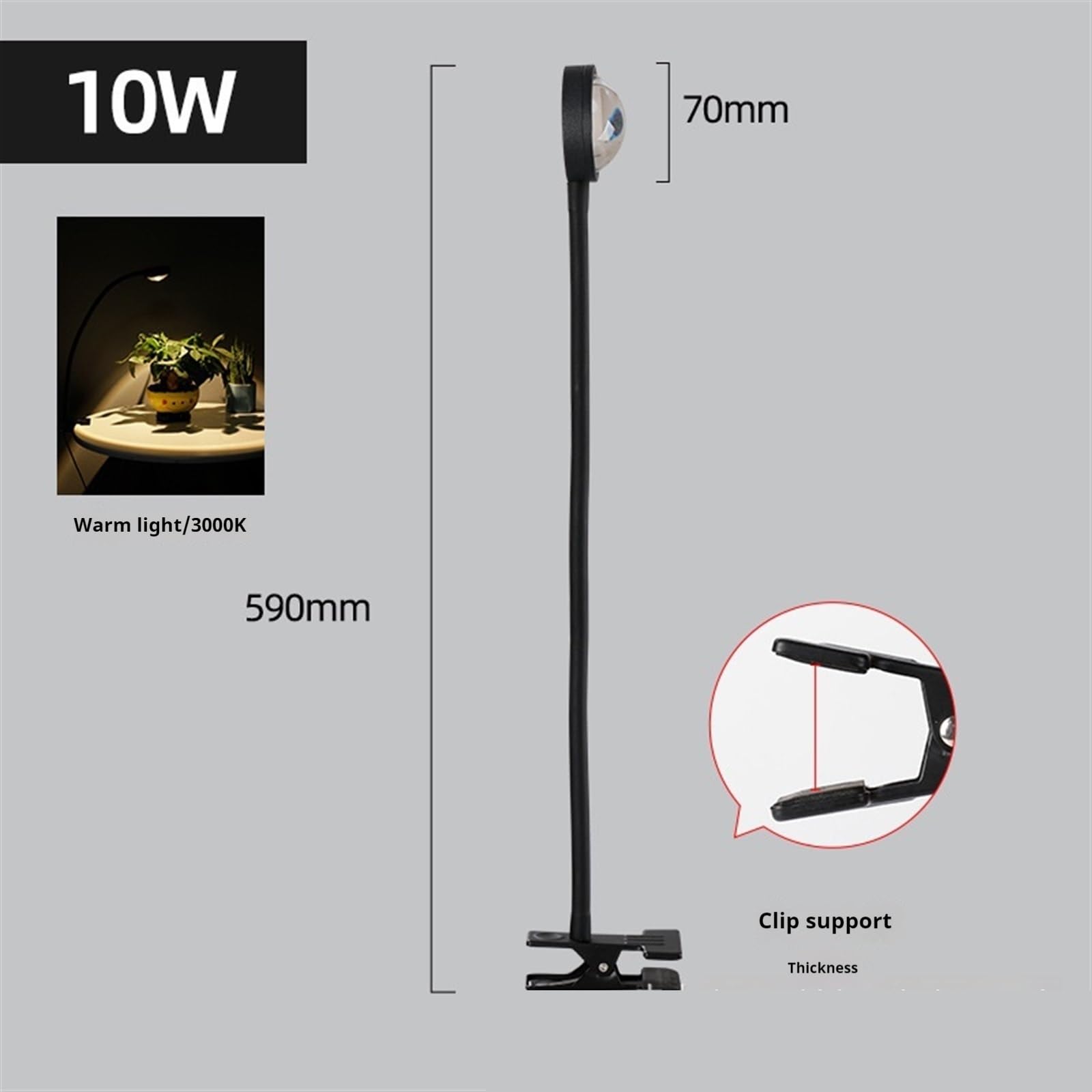Lampes de culture for plantes d'intérieur, lampes LED à pince for pot fleurs for éclairage, spectre complet, petite plante, noir,Économie d'énergie(10W warm【3000K】)