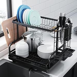 Kitsure Dish Drying Rack -Multifunctional Dish Rack, Rustproof Kitchen Dish Drying Rack with Drainboard & Utensil Holder, 2-Tier Dish Drying Rack