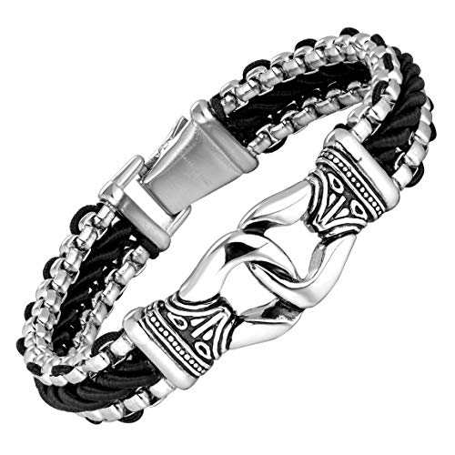 Contemporary Men’s Bracelet – Metallic Bead Chain Design with Ornamental Round Link – Genuine Leather & Stainless Steel – Black & Polished Silver Color – Jewelry Gift or Accessory for Men
