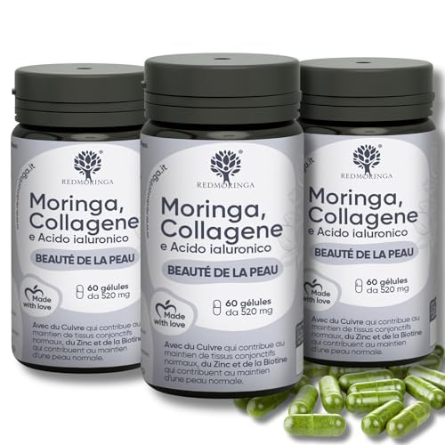 Formula ANTIRUGHE Avanzata Collagene Idrolizzato Acido Ialuronico + Moringa, Rame, Zinco, Biotina, Vit.A B2 B3 C | Integratore per la Pelle e le Articolazioni | RedMoringa 180 Capsule