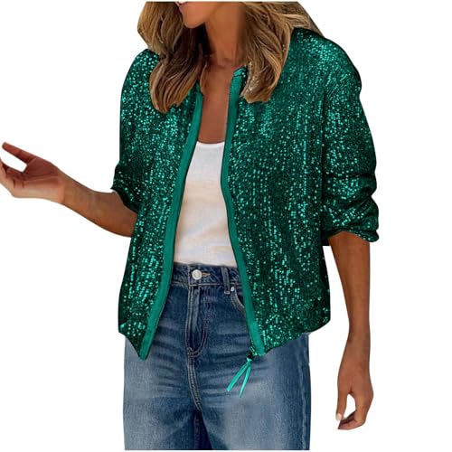 Women Sequin Jacket Coats Sparkly Tops Glitter Long Sleeve Front Zip Lightweight Casual Blazer Bomber Jackets Pockets