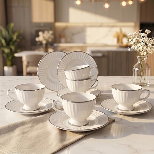 Image of U.P.C. Cup & Saucer Set of 12 Pcs | White & Silver Rim Embossed Bone China Tea Coffee Cup Set | Luxury Crockery | Gift for Home & Kitchen