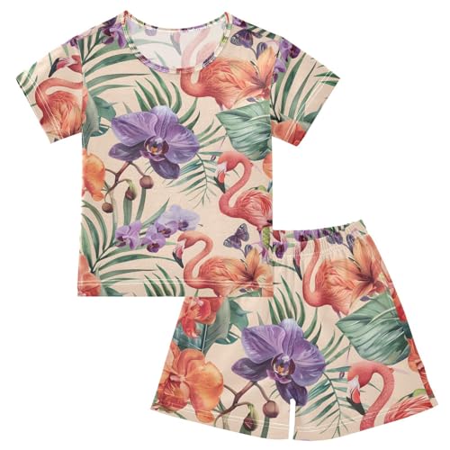 ALAZA Floral Flamingo Palm Leaves Pajamas Short Sleeve 2 Piece Sleepwear Top and Bottom Pajama Set Unisex